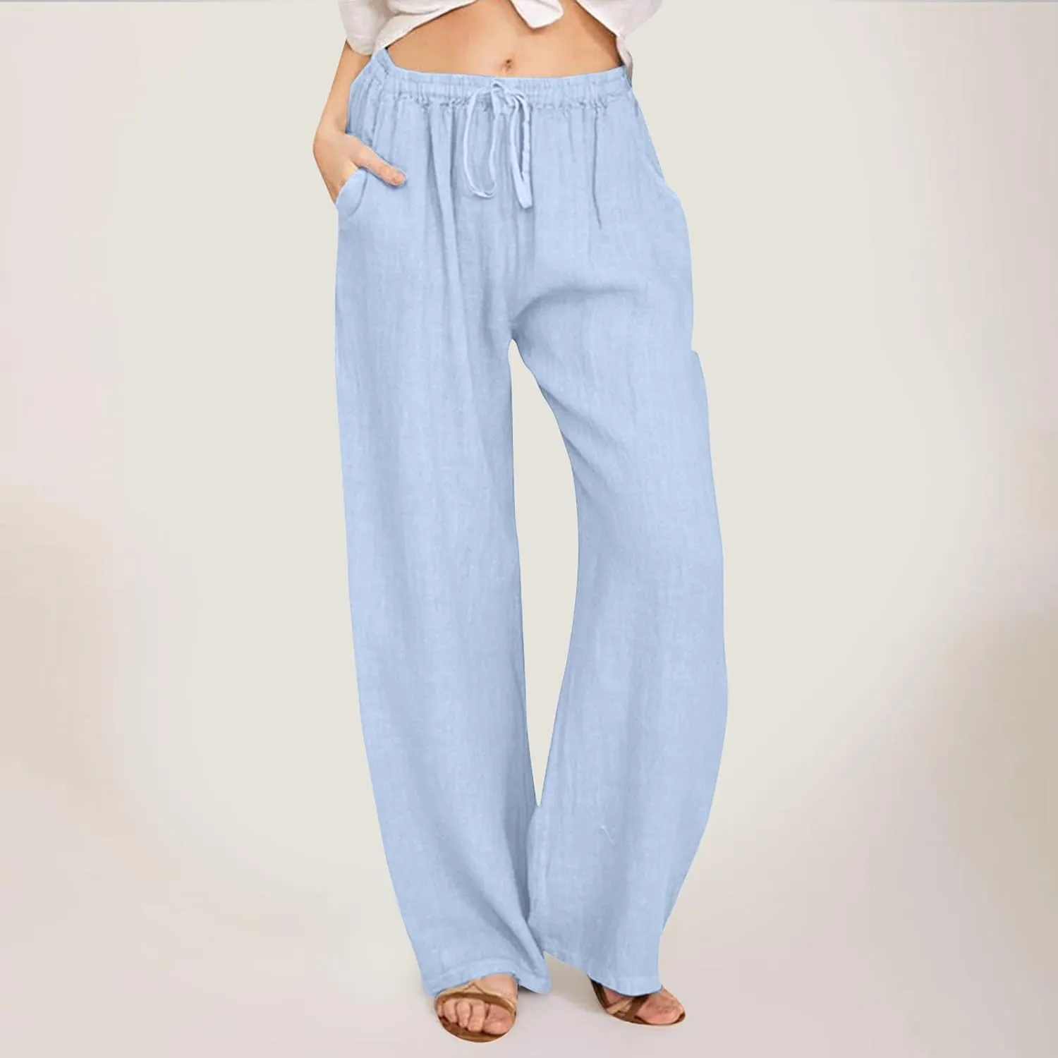 Linen Pants Women Summer,2025 Wide Leg Casual Cotton Linen Pants High Waisted Drawstring Lounge Pants Beach Trousers