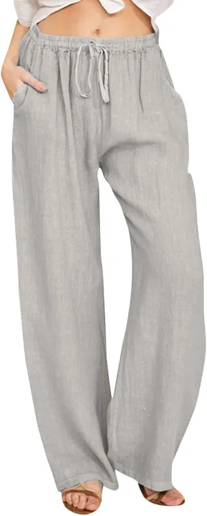 Linen Pants Women Summer,2025 Wide Leg Casual Cotton Linen Pants High Waisted Drawstring Lounge Pants Beach Trousers