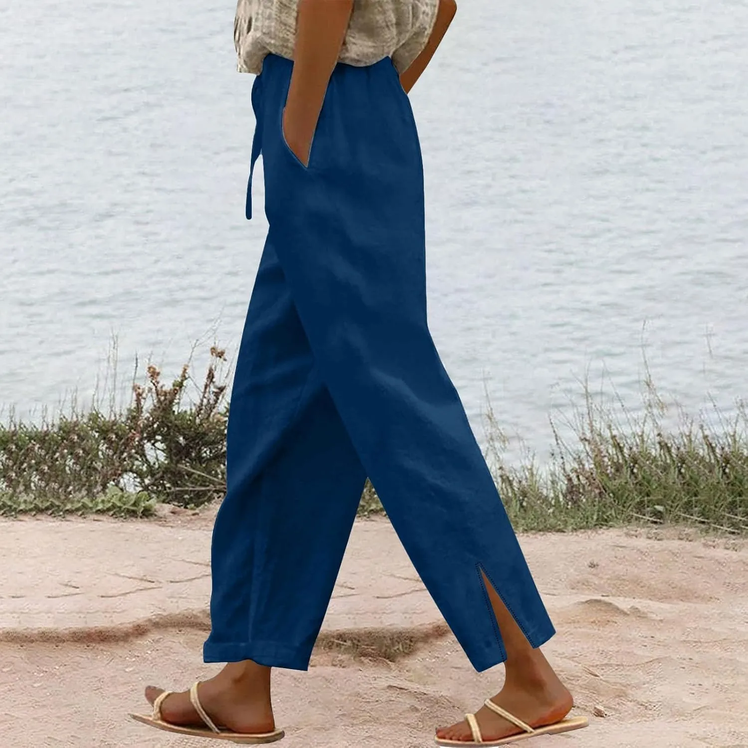 Linen Pants Women with Pockets Loose Elastic High Waisted Comfy Beach Trousers Summer Lightweight Casual Pants