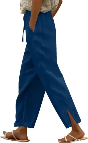 Linen Pants Women with Pockets Loose Elastic High Waisted Comfy Beach Trousers Summer Lightweight Casual Pants