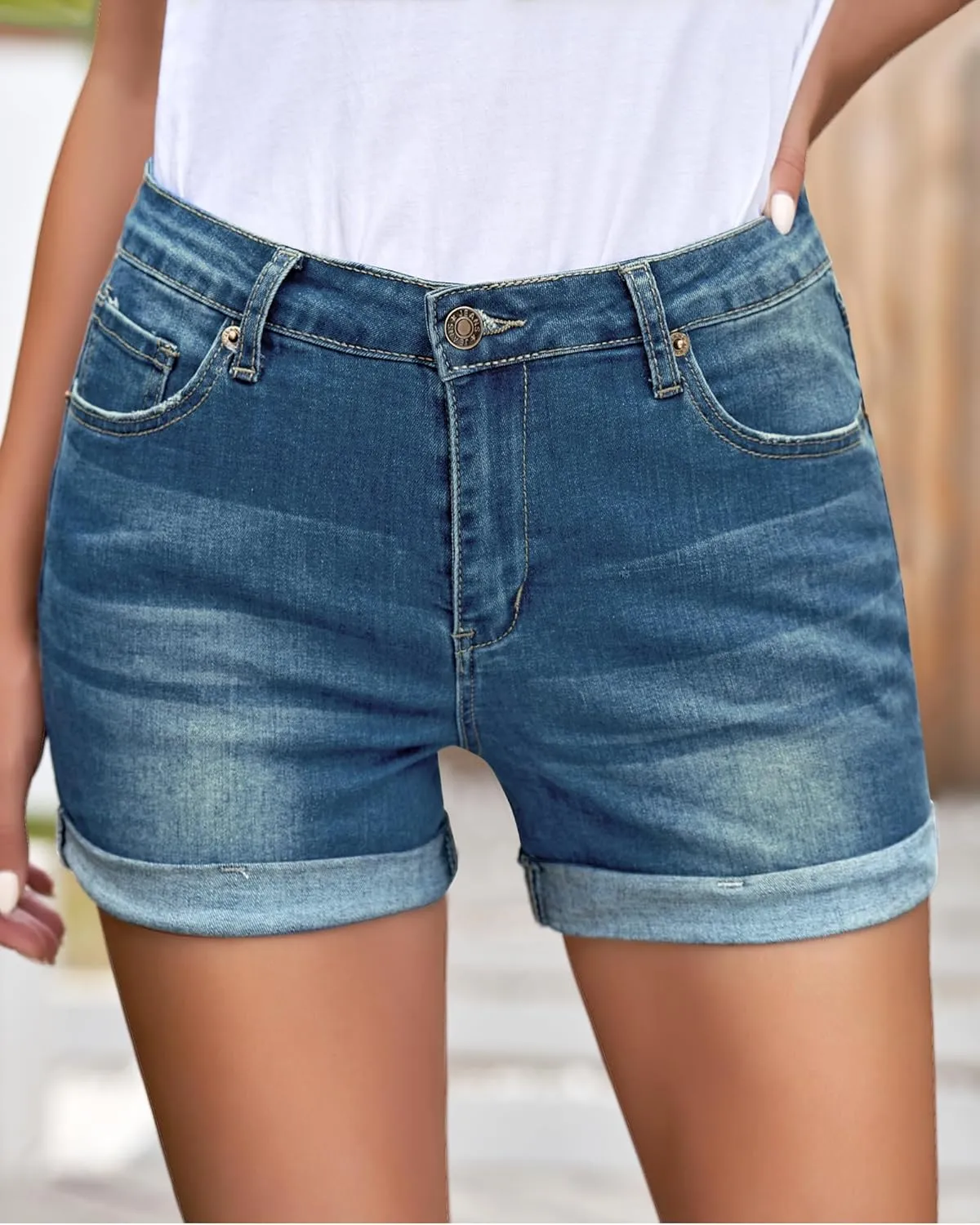 LookbookStore Women's High Waisted Rolled Hem Distressed Jeans Ripped Denim Shorts