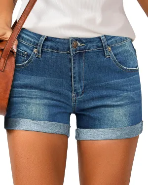 LookbookStore Women's High Waisted Rolled Hem Distressed Jeans Ripped Denim Shorts