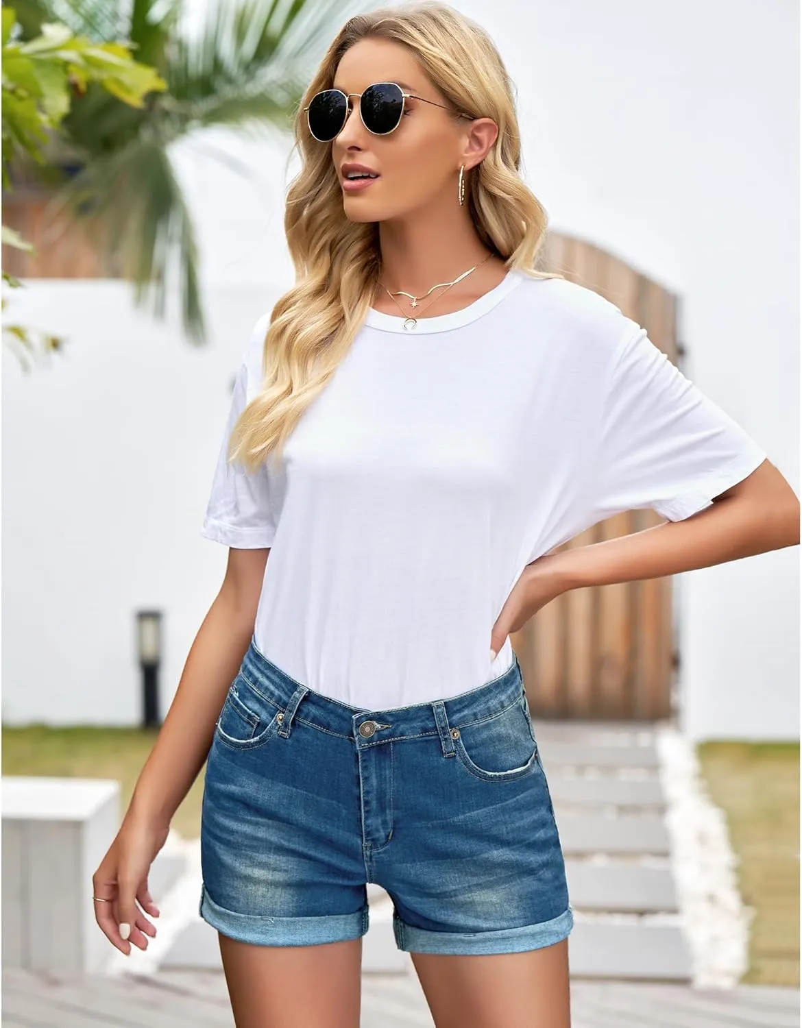 LookbookStore Women's High Waisted Rolled Hem Distressed Jeans Ripped Denim Shorts
