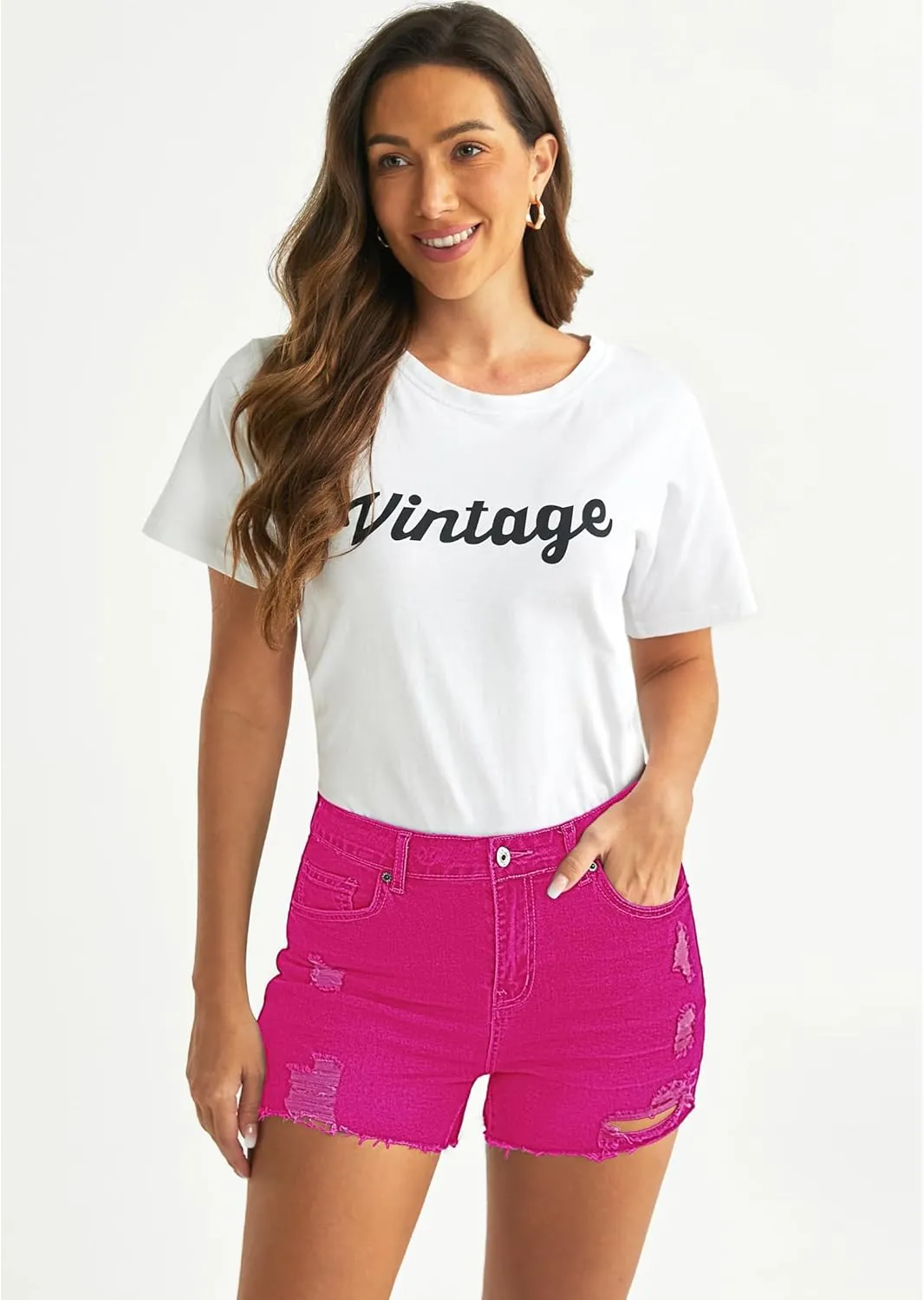 Luvamia Women's High Waisted Distressed Denim Shorts, Blue, Size X-Small to XX-Large