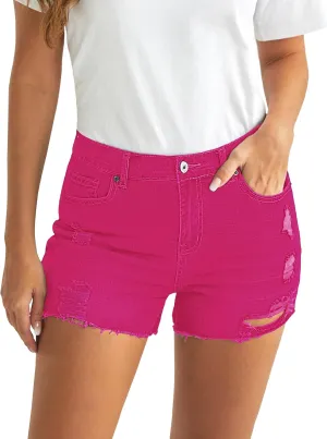 Luvamia Women's High Waisted Distressed Denim Shorts, Blue, Size X-Small to XX-Large
