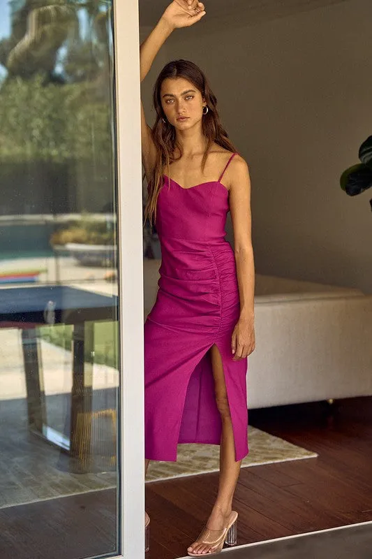 Magenta Sweetheart Neck Side Ruching Dress