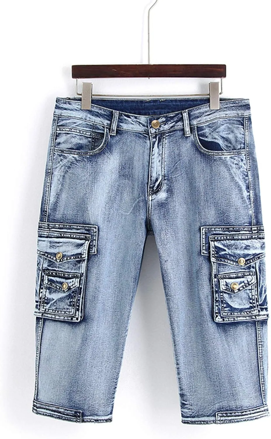 Men`s 3/4 Cargo Denim Shorts Biker Jeans with Multi Pockets