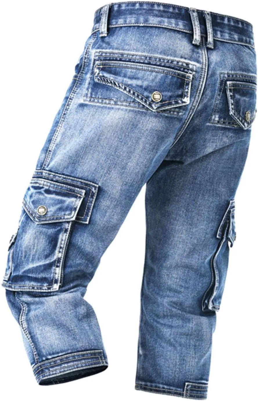 Men`s 3/4 Cargo Denim Shorts Biker Jeans with Multi Pockets