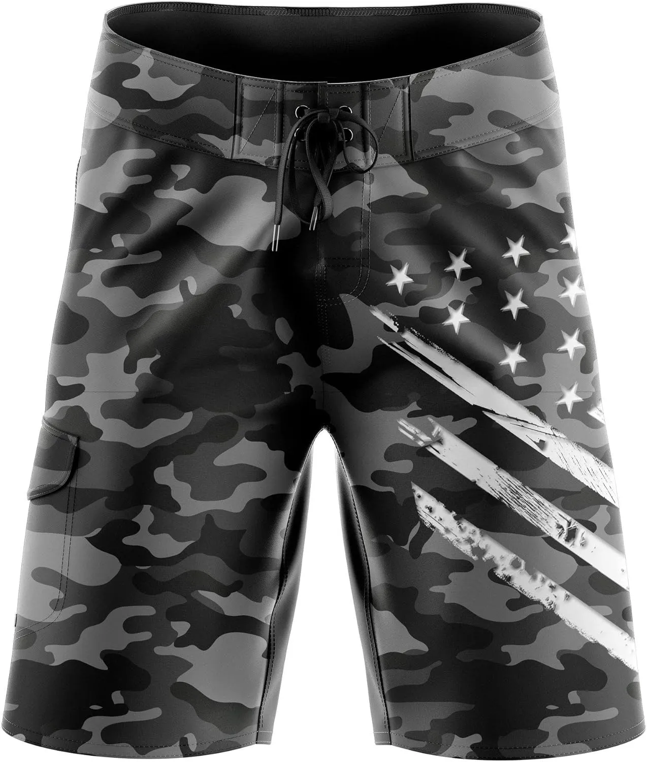 Men's American Flag Board Shorts, Decorated in The USA - Black Camo White Crest