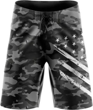Men's American Flag Board Shorts, Decorated in The USA - Black Camo White Crest