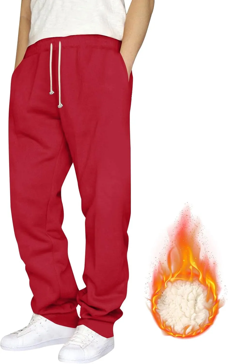 Mens Casual Fleece Pants Relaxed Fit Stretch Waist Warm Sweatpants Plus Size Soft Comfy Winter Lounge Pants with Pockets