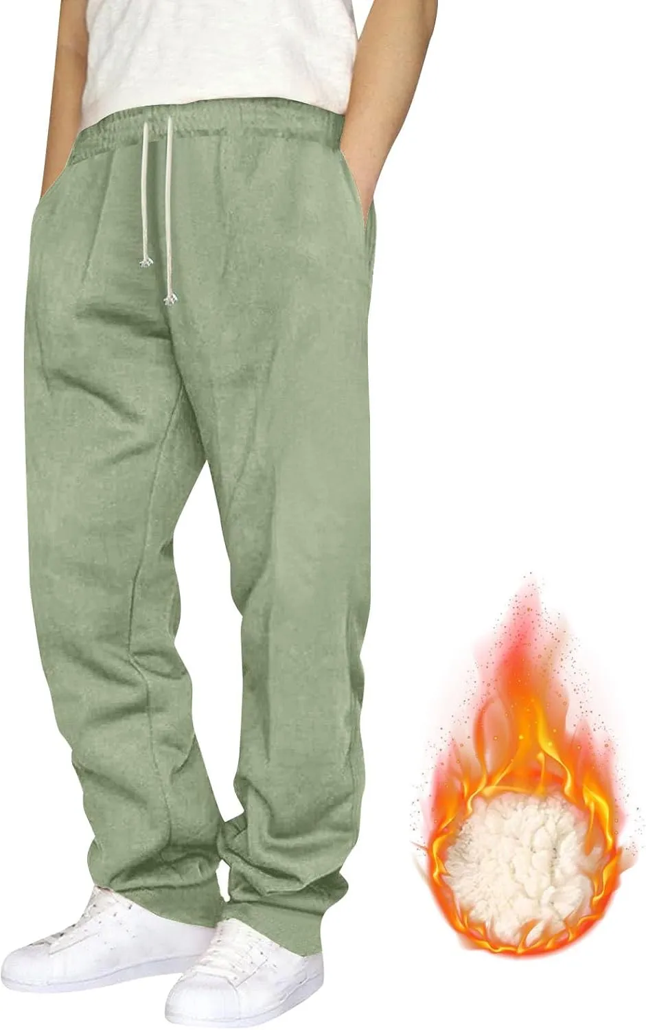 Mens Casual Fleece Pants Relaxed Fit Stretch Waist Warm Sweatpants Plus Size Soft Comfy Winter Lounge Pants with Pockets