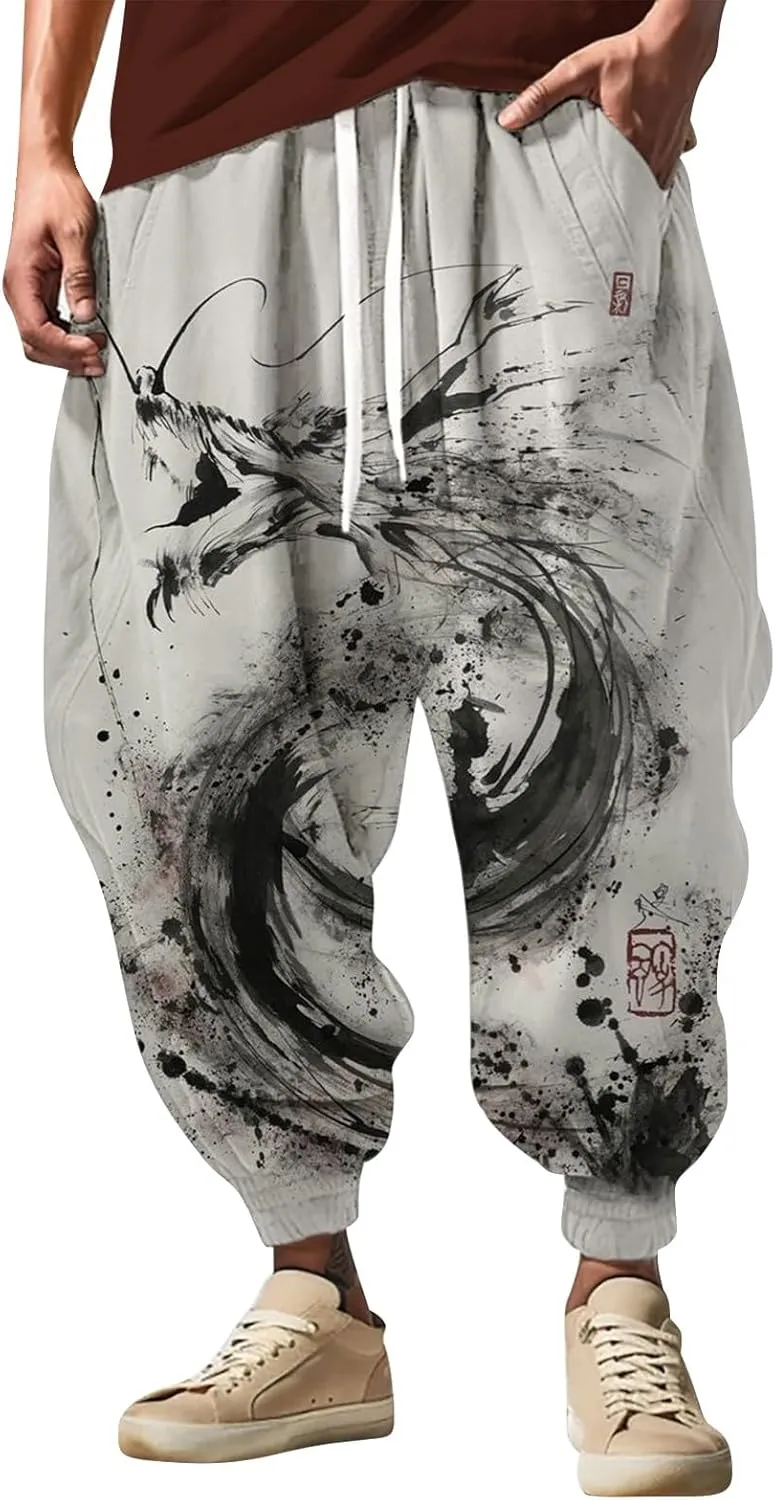 Mens Cotton Linen Waist Casual Ankle Length Pants Sweatpants Mens Loungg Pants Techwear Pants Mens White