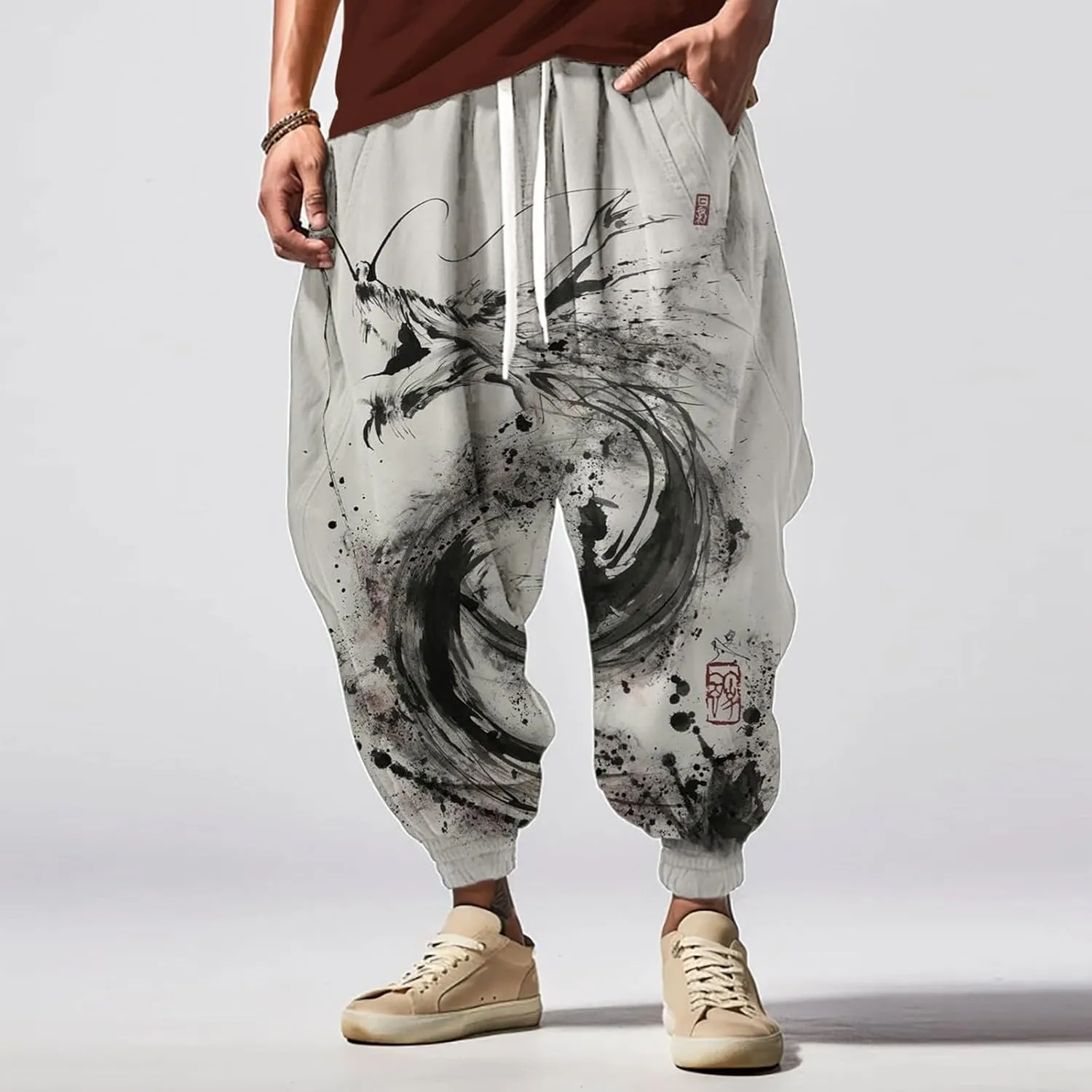 Mens Cotton Linen Waist Casual Ankle Length Pants Sweatpants Mens Loungg Pants Techwear Pants Mens White