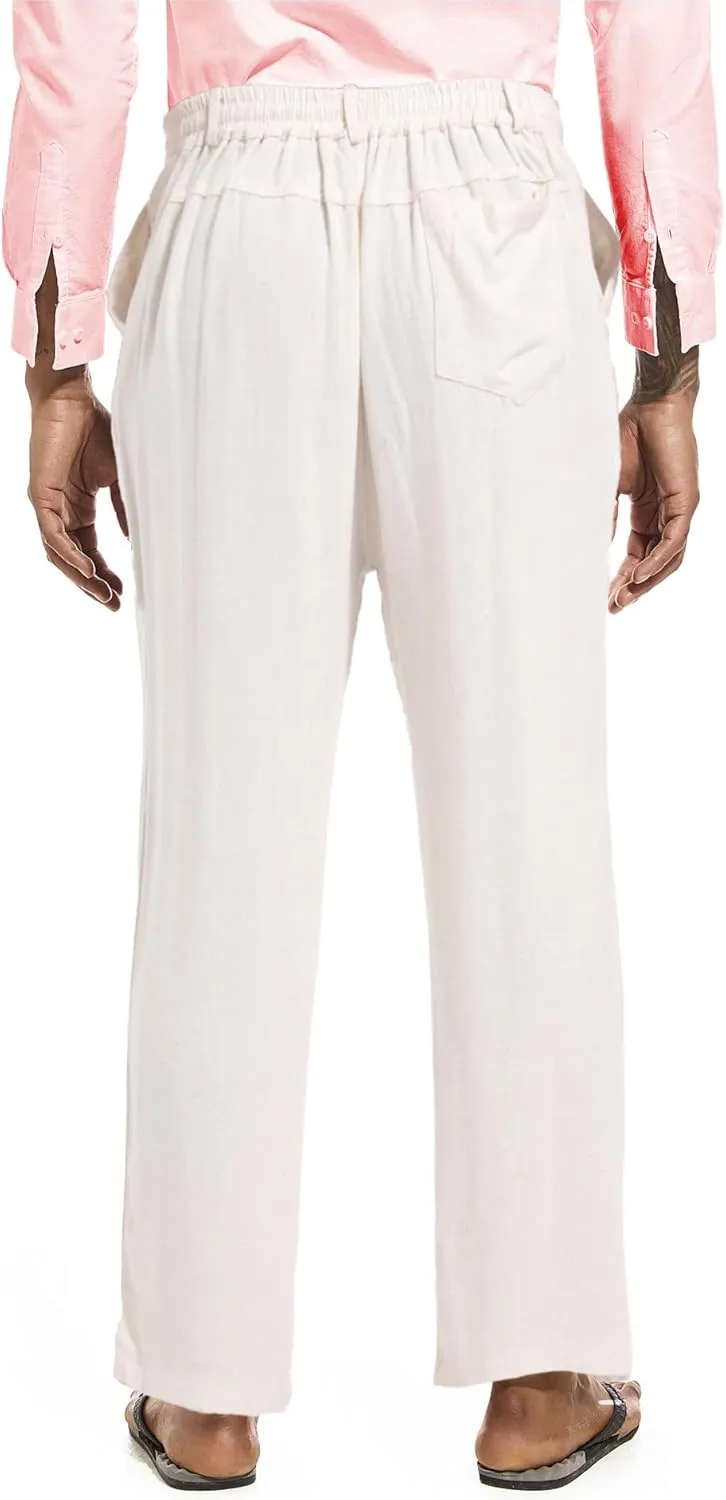 Mens Drawstring Linen Pants Casual Elastic Waist Straight Loose Trousers
