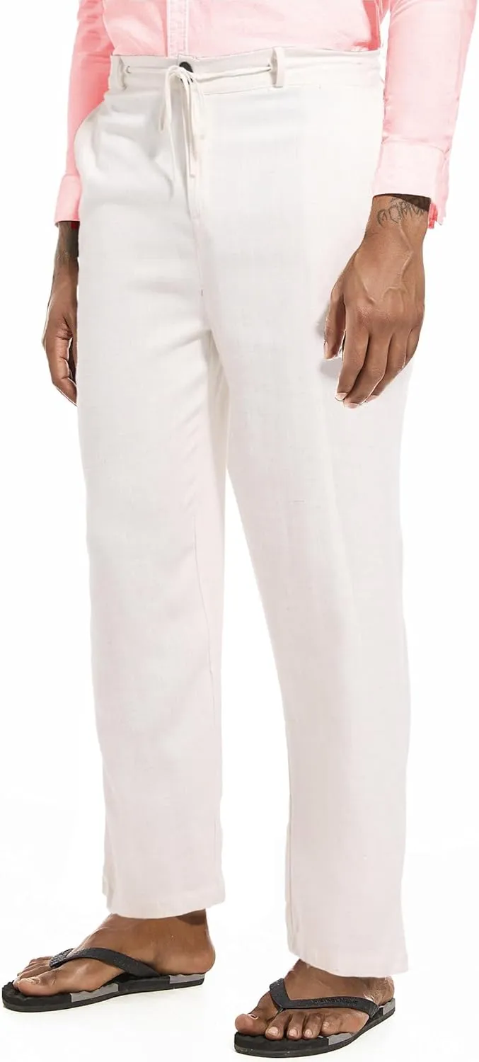 Mens Drawstring Linen Pants Casual Elastic Waist Straight Loose Trousers