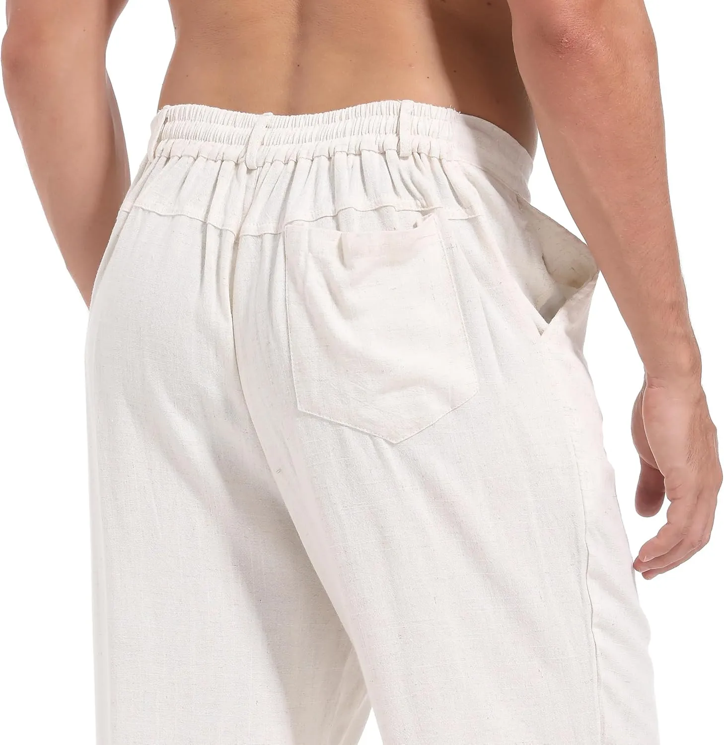 Mens Drawstring Linen Pants Casual Elastic Waist Straight Loose Trousers