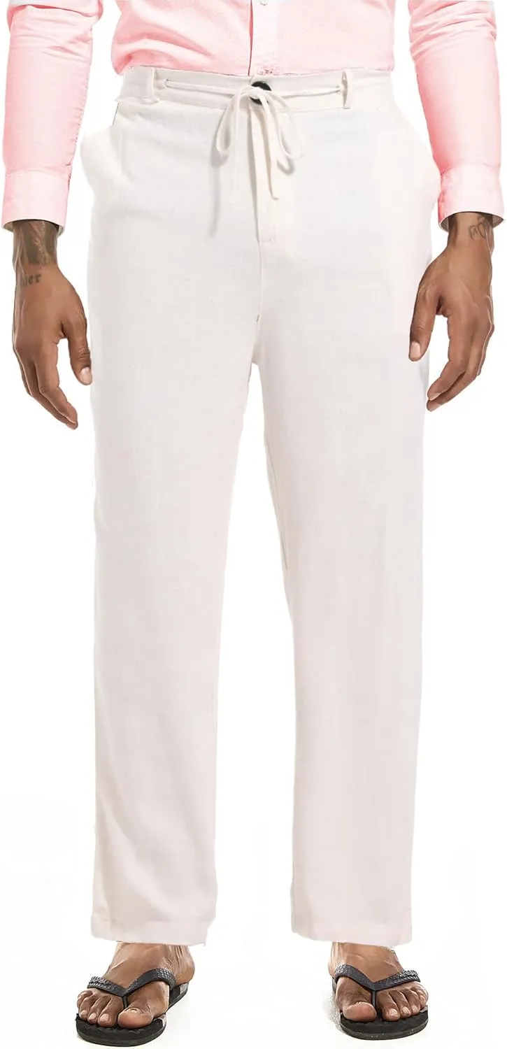 Mens Drawstring Linen Pants Casual Elastic Waist Straight Loose Trousers