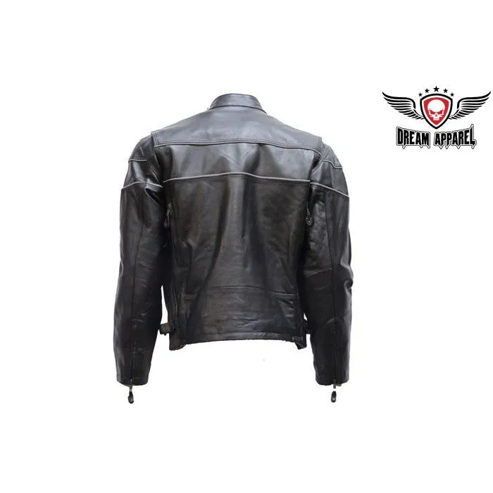 Mens Leather Cruising Jacket Front and Back Airvents Reflector Stripes