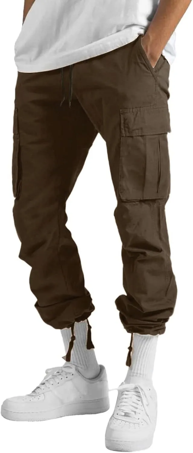Mens Lightweight Joggers Mens Casual Waist Color Sports Hat Multi Woven Pocket Foot Rope Solid Pants Exercise Pants