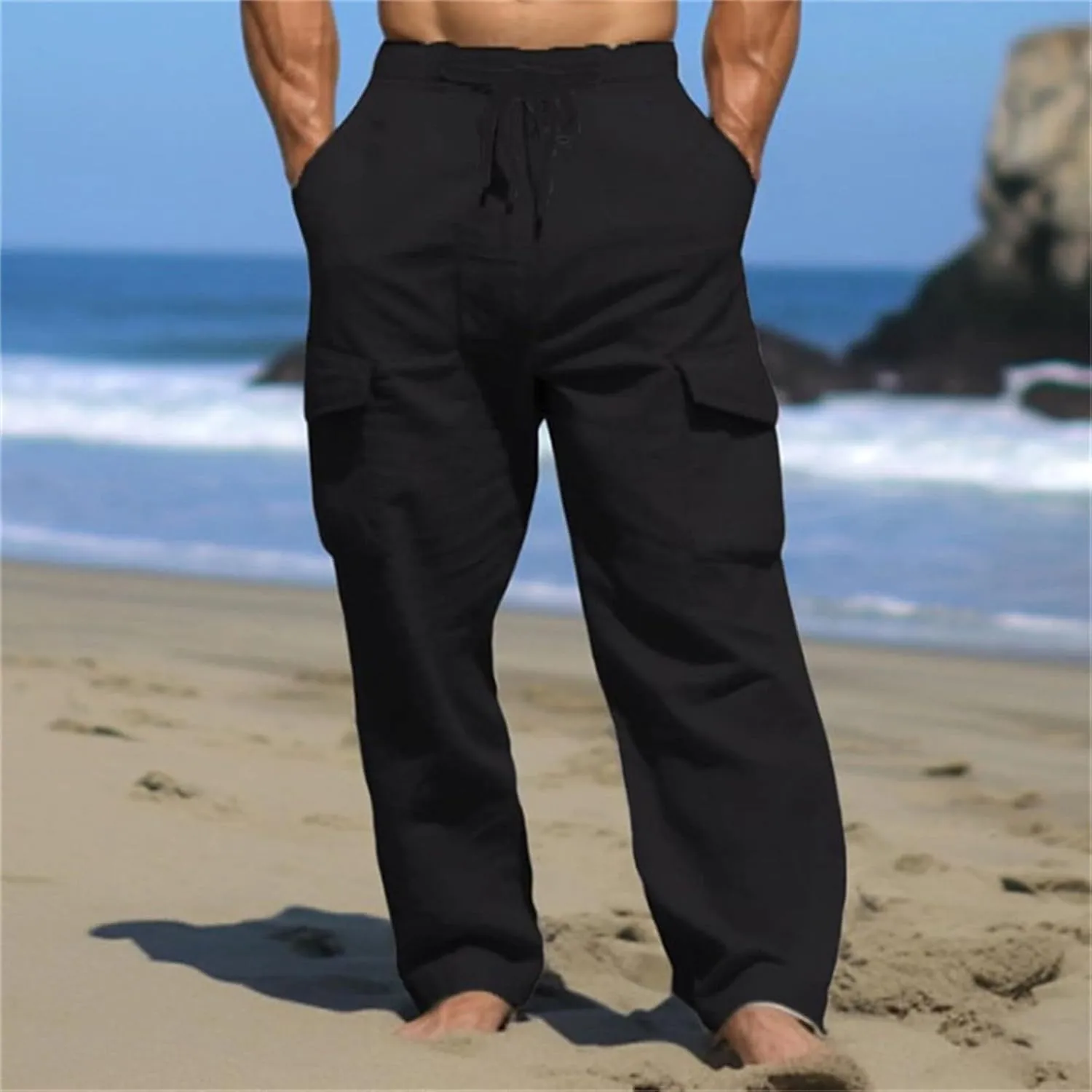Men's Linen Cargo Pants Solid Casual Lightweight Pant with Multi Pockets Plus Size Drawstring Holiday Streetwear Big and Tall