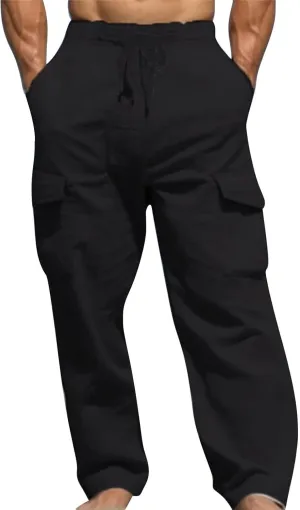 Men's Linen Cargo Pants Solid Casual Lightweight Pant with Multi Pockets Plus Size Drawstring Holiday Streetwear Big and Tall