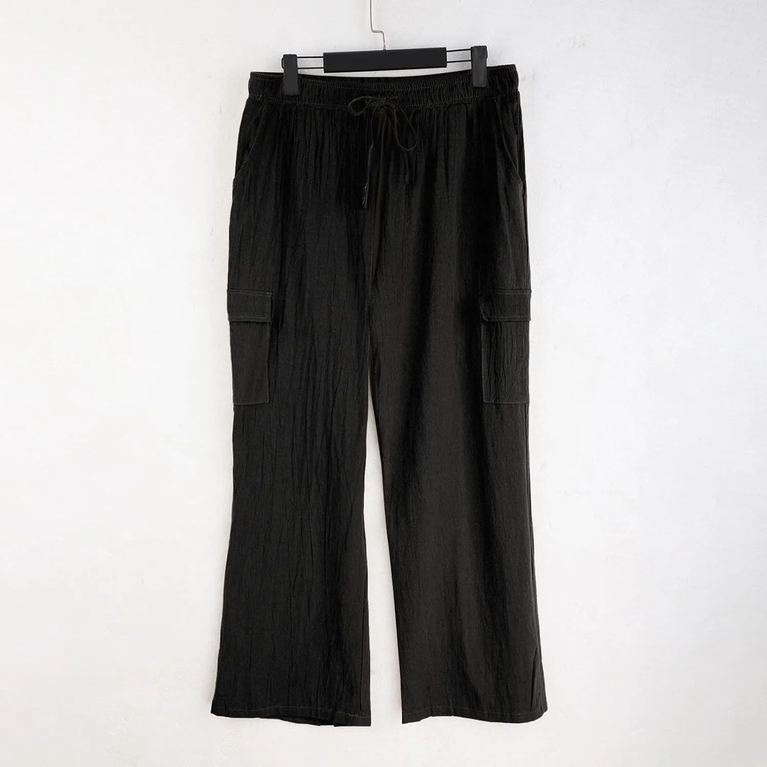 Men's Linen Cargo Pants Solid Casual Lightweight Pant with Multi Pockets Plus Size Drawstring Holiday Streetwear Big and Tall