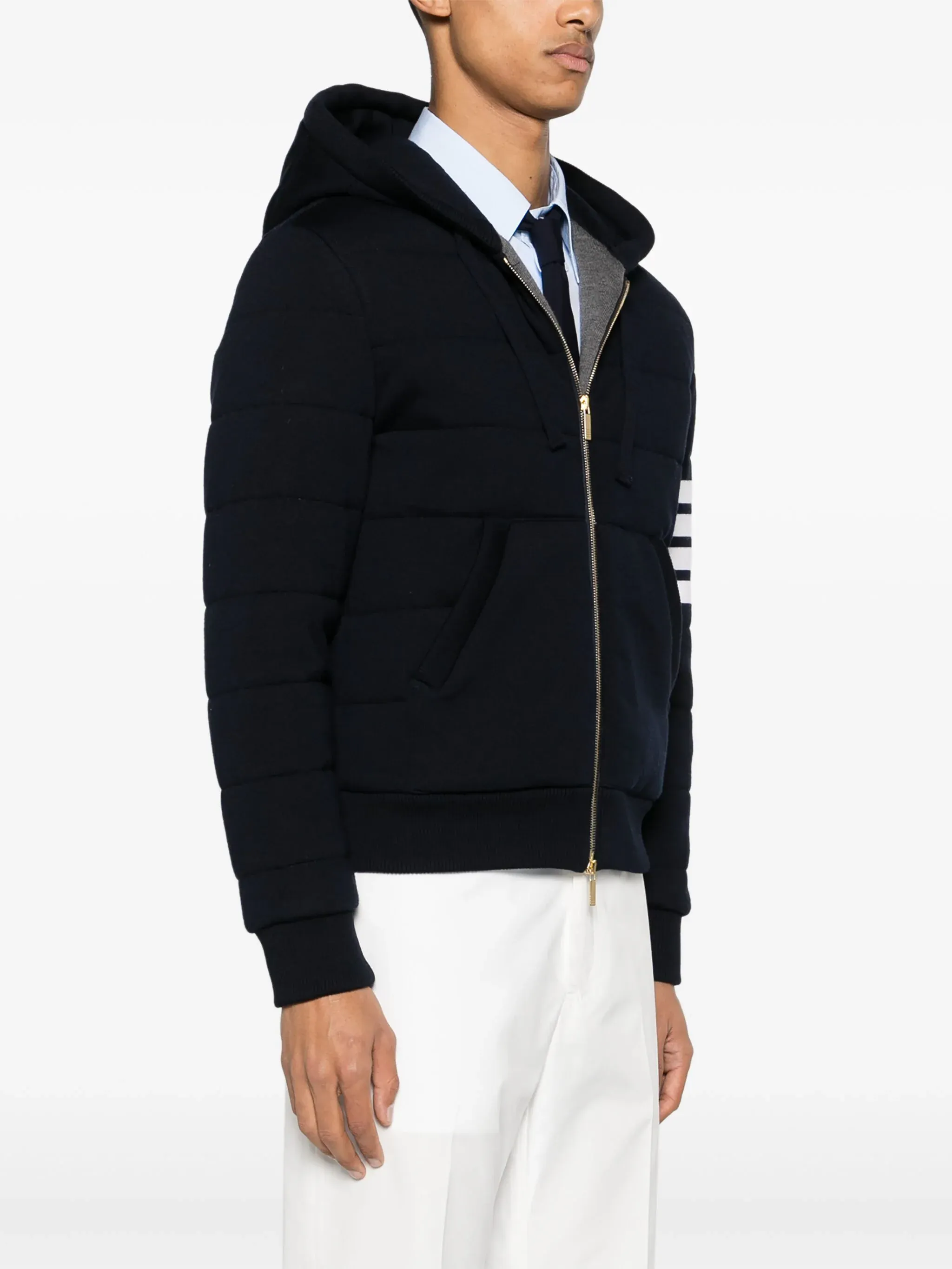 Merino Wool Jersey Stitch Padded 4-Bar Zip Up Hoodie