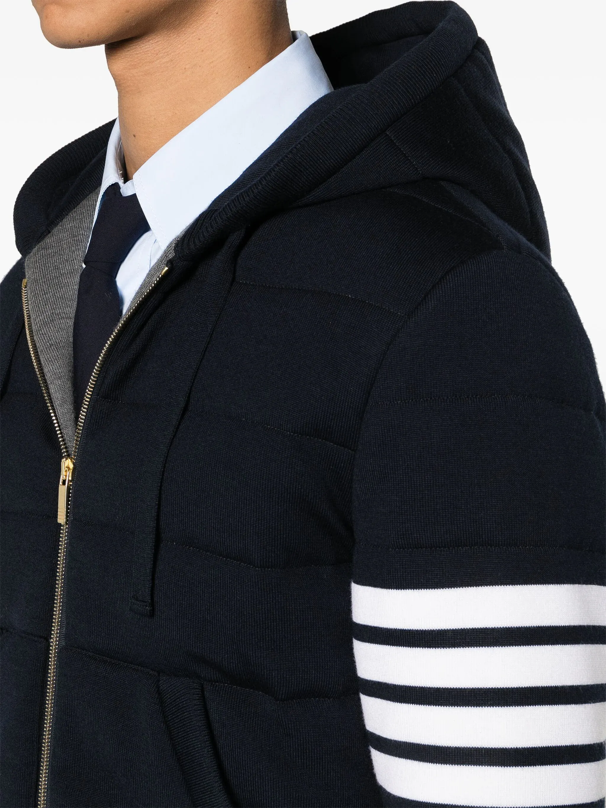 Merino Wool Jersey Stitch Padded 4-Bar Zip Up Hoodie