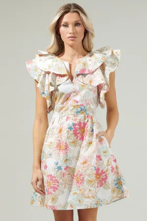 Off-White-Multi Day Lily Floral Ruffle Mini Dress