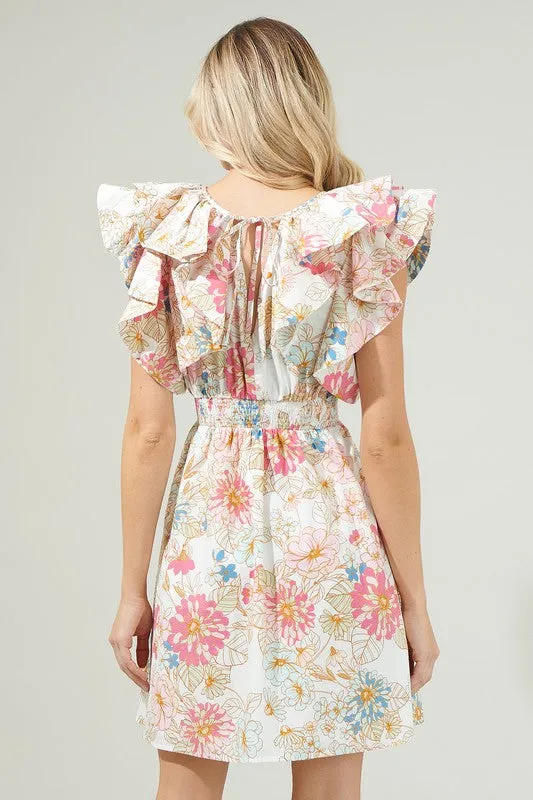 Off-White-Multi Day Lily Floral Ruffle Mini Dress