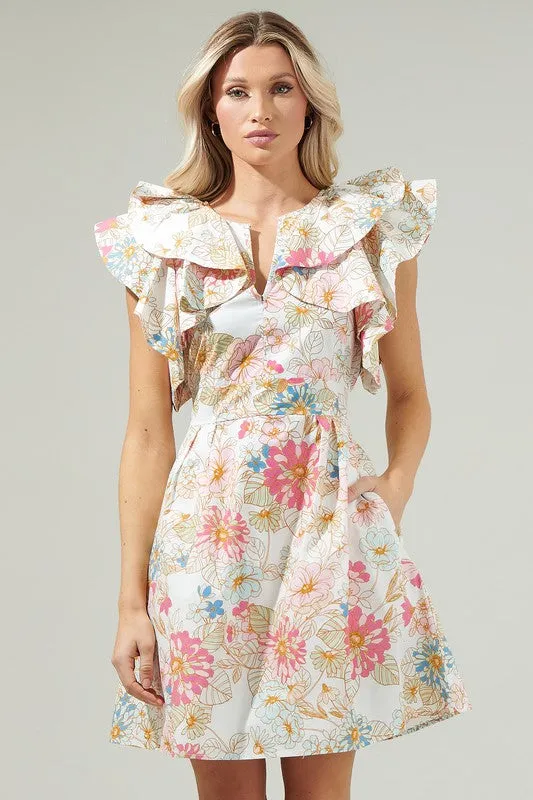 Off-White-Multi Day Lily Floral Ruffle Mini Dress