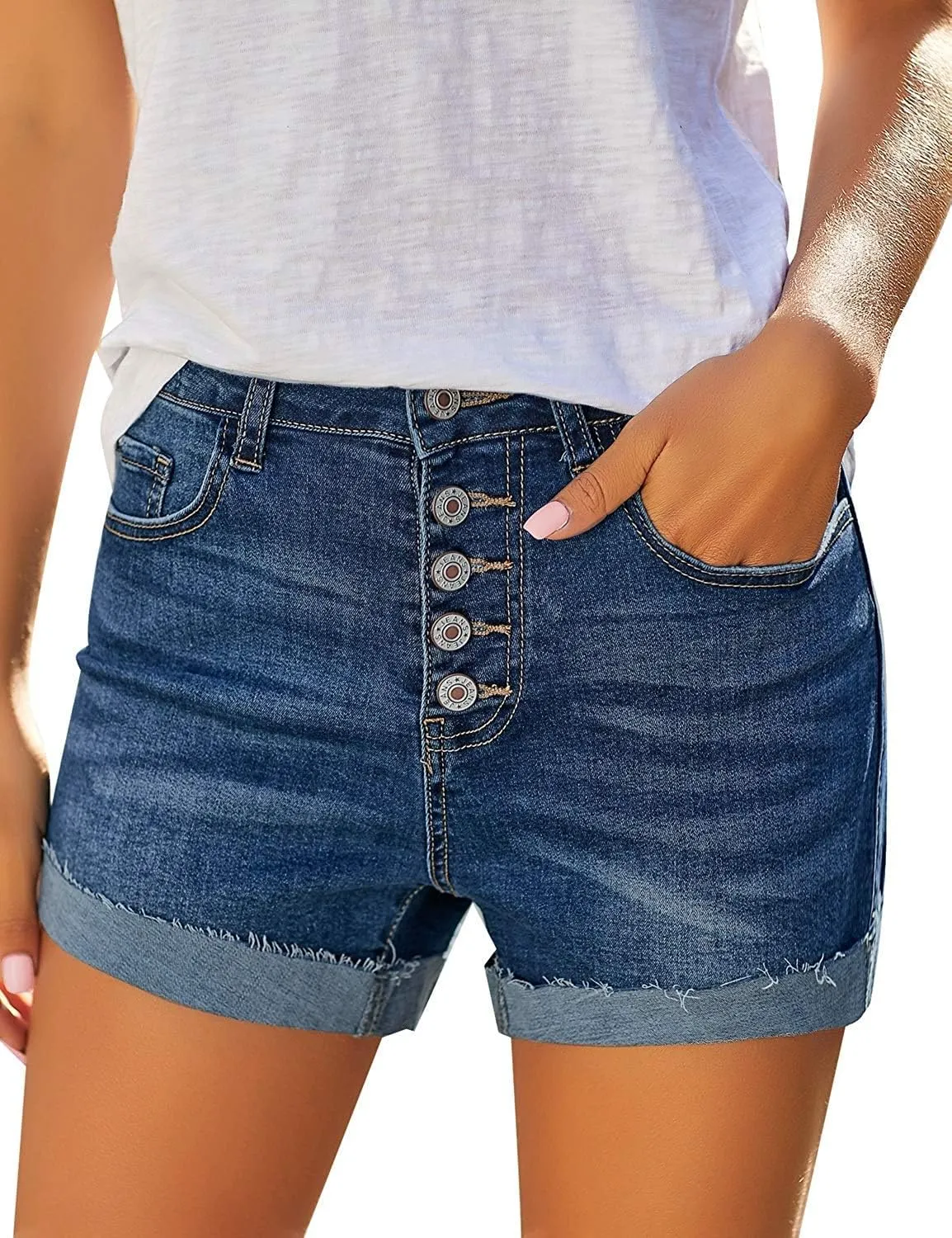 onlypuff Women's Ripped Mid Waisted Denim Shorts with Pockets