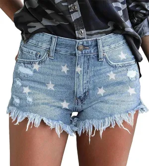 onlypuff Women's Ripped Mid Waisted Denim Shorts with Pockets