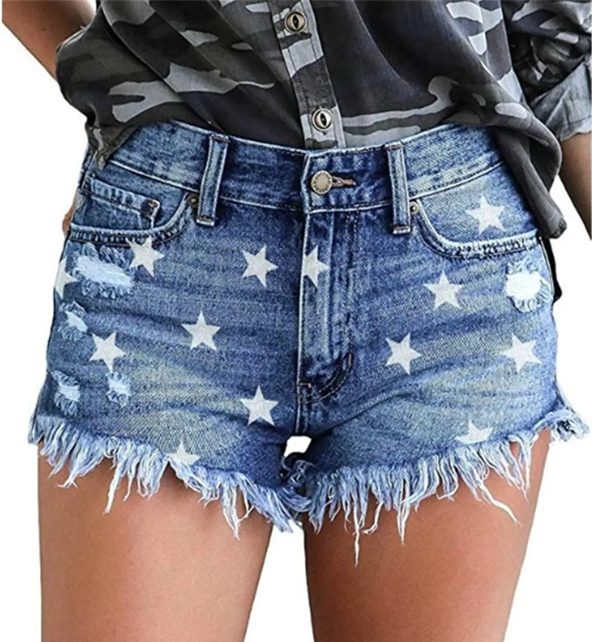 onlypuff Women's Ripped Mid Waisted Denim Shorts with Pockets