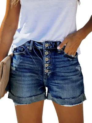 onlypuff Women's Ripped Mid Waisted Denim Shorts with Pockets