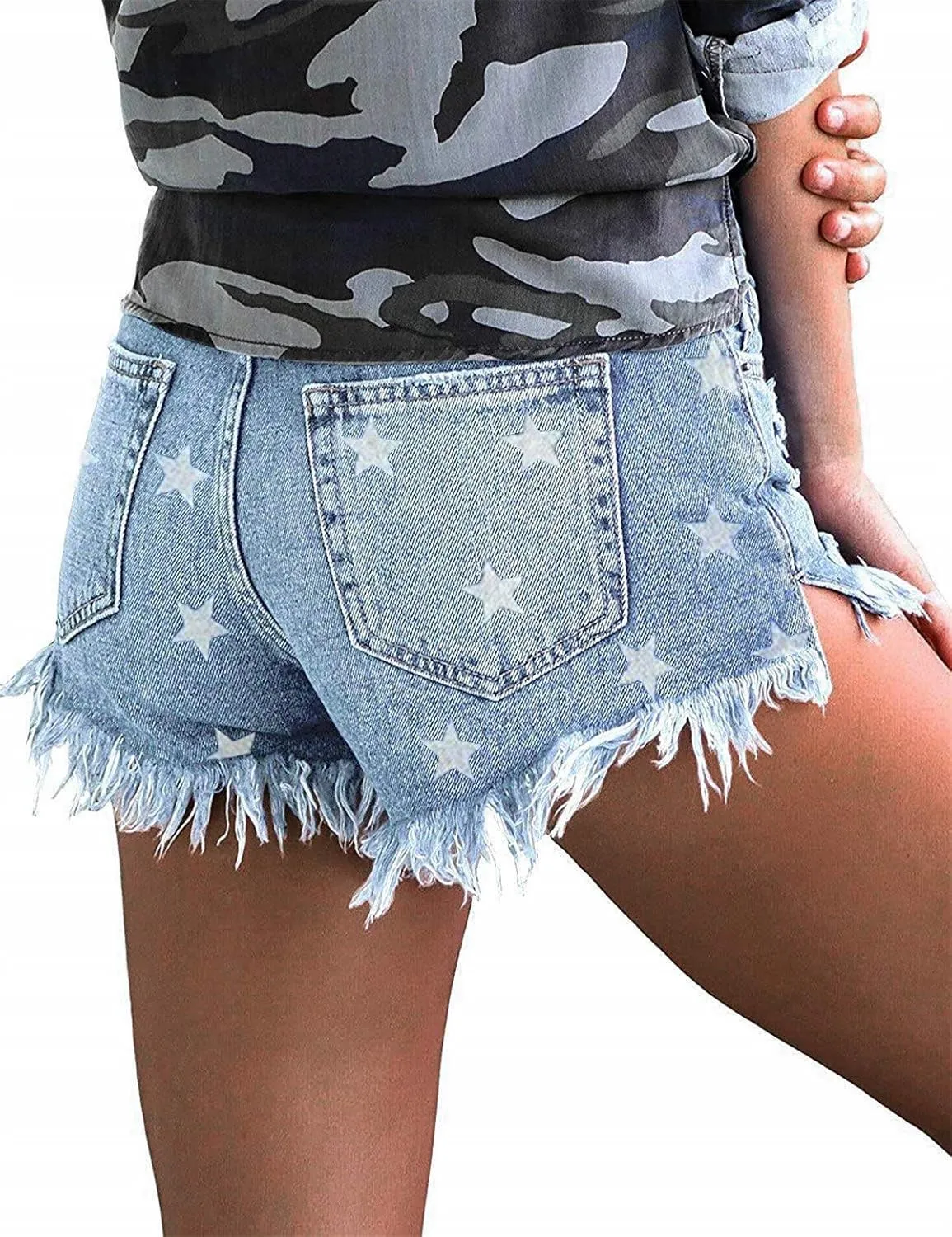 onlypuff Women's Ripped Mid Waisted Denim Shorts with Pockets