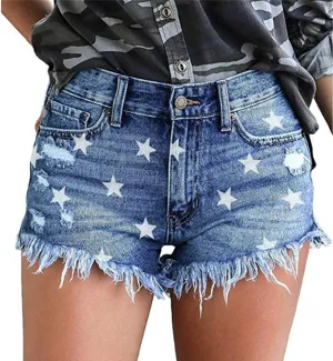 onlypuff Women's Ripped Mid Waisted Denim Shorts with Pockets