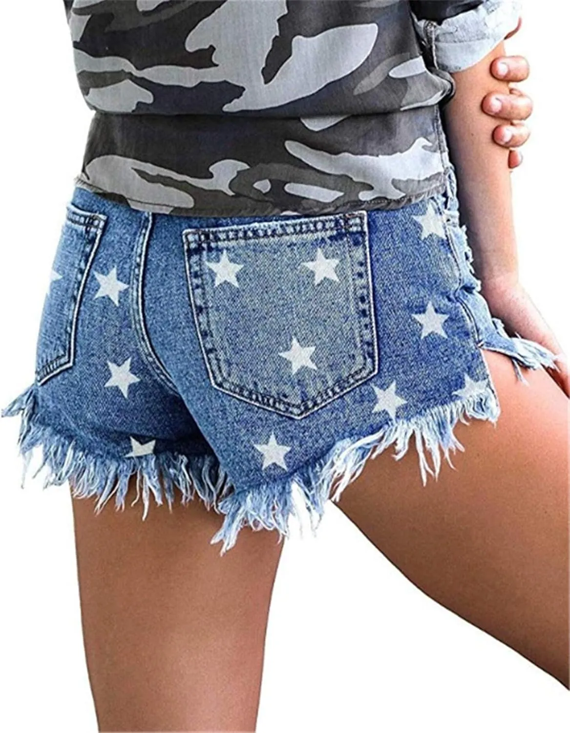 onlypuff Women's Ripped Mid Waisted Denim Shorts with Pockets