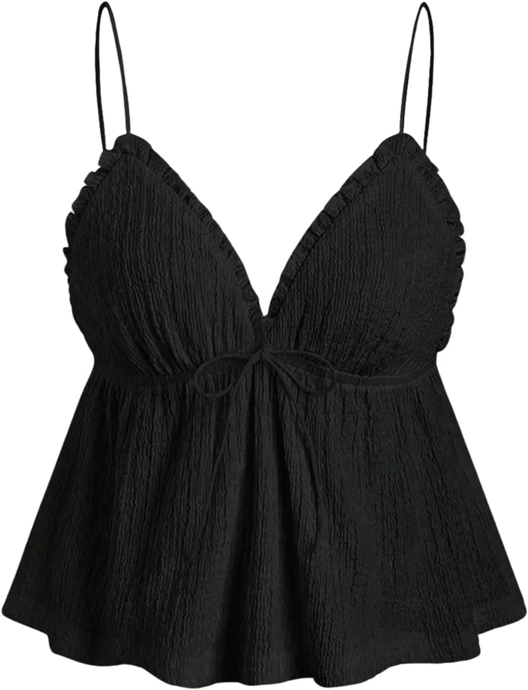 OYOANGLE Women's Textured Bow Babydoll Camisoles Deep V Neck Spaghetti Strap Ruffled Backless Cami Tops