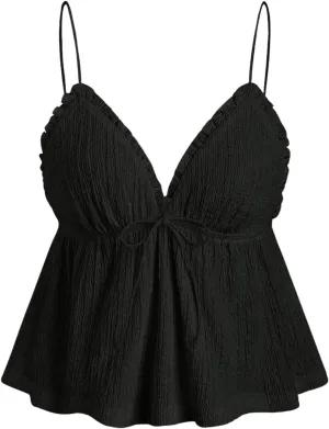 OYOANGLE Women's Textured Bow Babydoll Camisoles Deep V Neck Spaghetti Strap Ruffled Backless Cami Tops