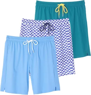 Real Essentials 3 Pack: Men's 9" Inch 2 in 1 Board Shorts with Compression Liner - Bathing Suit with Back Flap Pocket