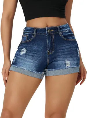 roswear Women's Ripped Mid Rise Stretchy Denim Jeans Shorts