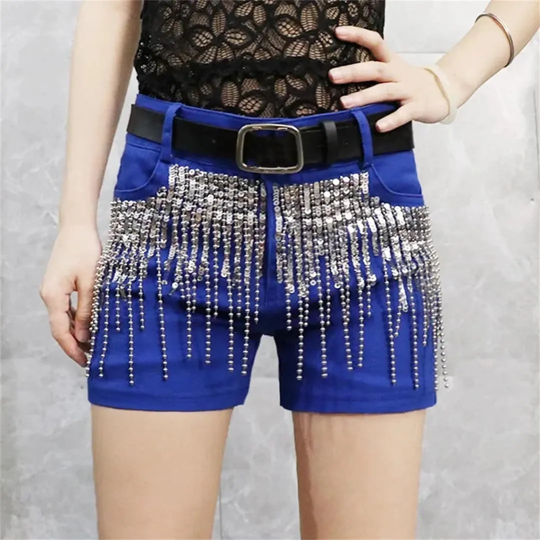 Sequins Tassels Denim Shorts Women's Summer Slim Hot Pants Casual Short Jeans