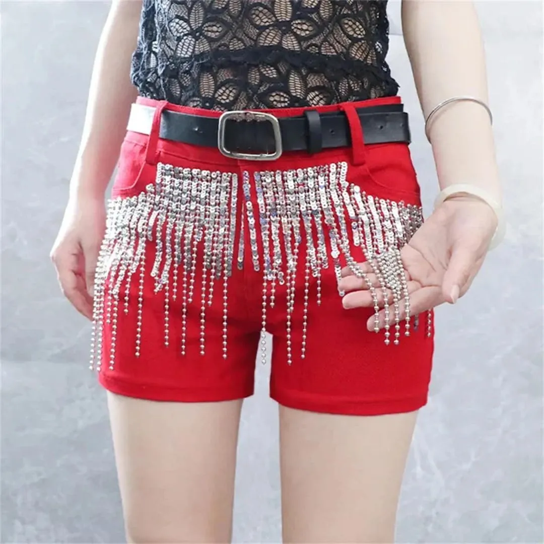 Sequins Tassels Denim Shorts Women's Summer Slim Hot Pants Casual Short Jeans