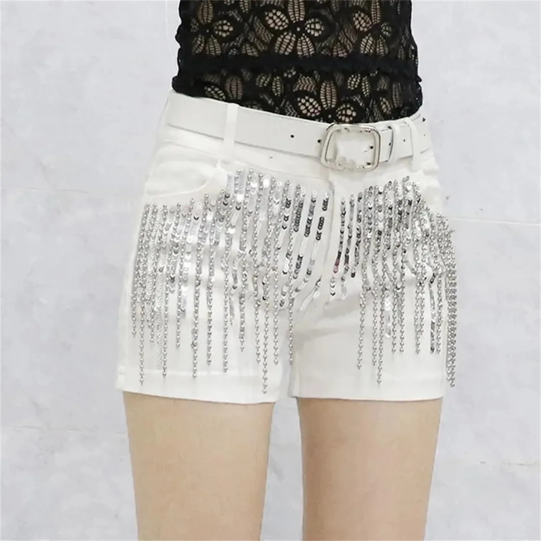 Sequins Tassels Denim Shorts Women's Summer Slim Hot Pants Casual Short Jeans