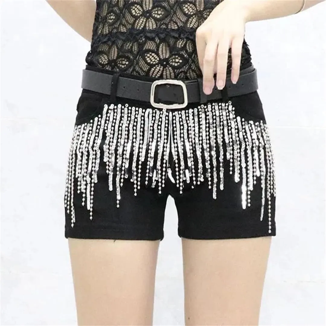 Sequins Tassels Denim Shorts Women's Summer Slim Hot Pants Casual Short Jeans