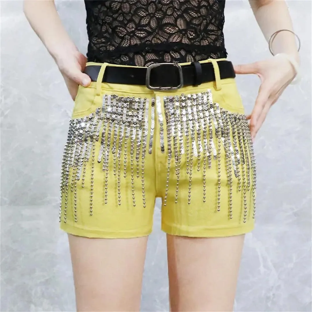 Sequins Tassels Denim Shorts Women's Summer Slim Hot Pants Casual Short Jeans