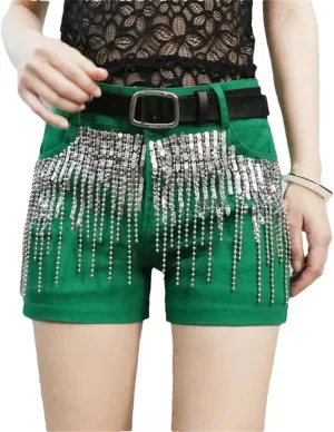 Sequins Tassels Denim Shorts Women's Summer Slim Hot Pants Casual Short Jeans