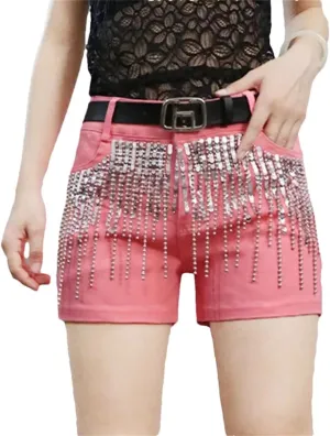 Sequins Tassels Denim Shorts Women's Summer Slim Hot Pants Casual Short Jeans